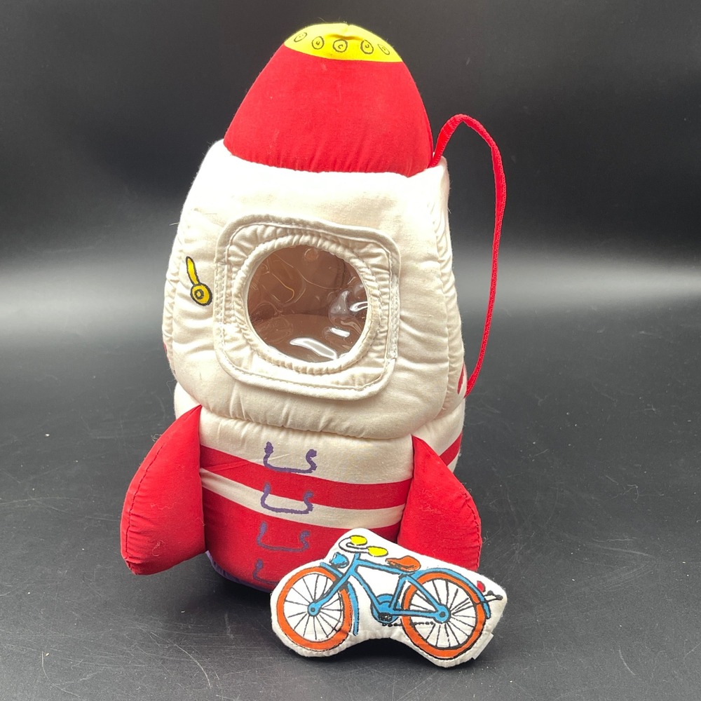 Gund Curious George Plush Rocket Ship Toy with Bicycle Accessory VTG Red White